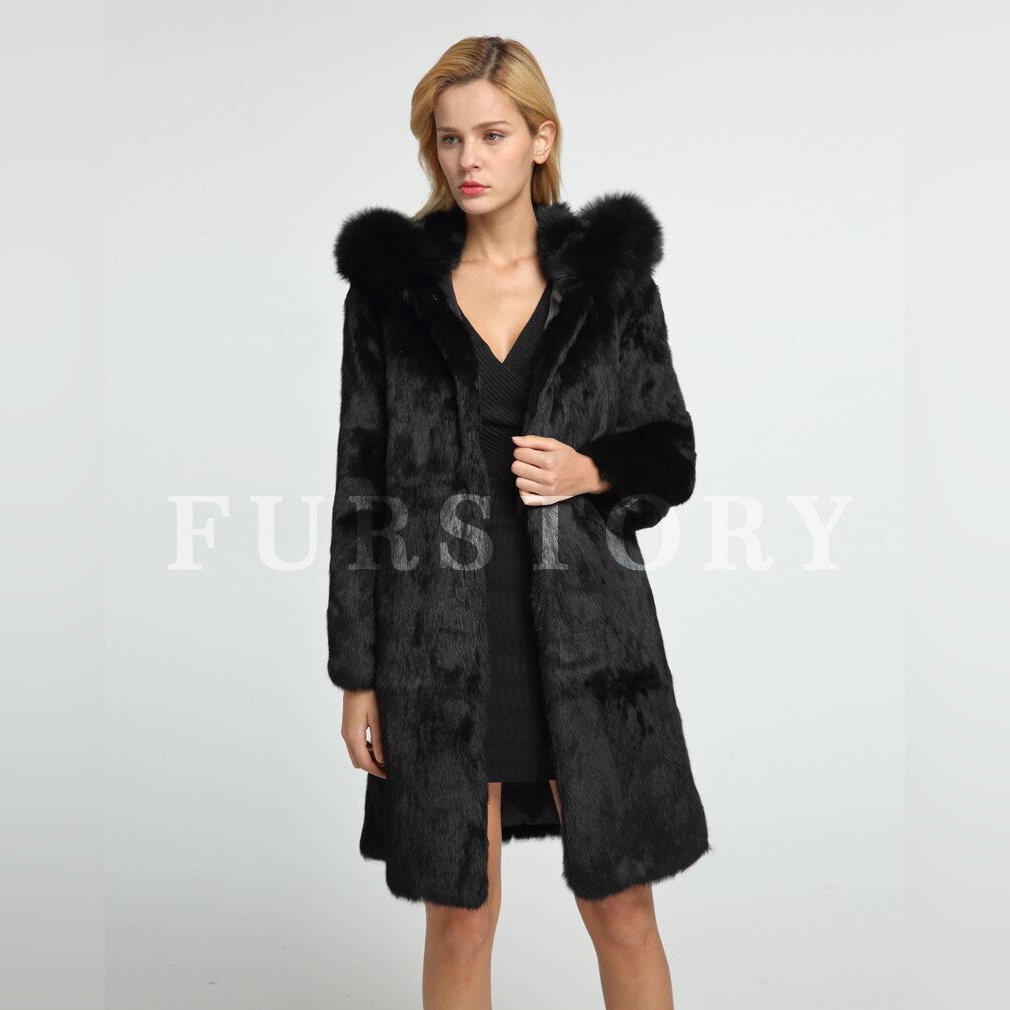 Hooded Black Fur Story Rabbit Fur Coat, Size 4.